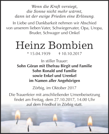 Traueranzeige von Heinz Bombien von WVG - Wochenspiegel Bitterfeld