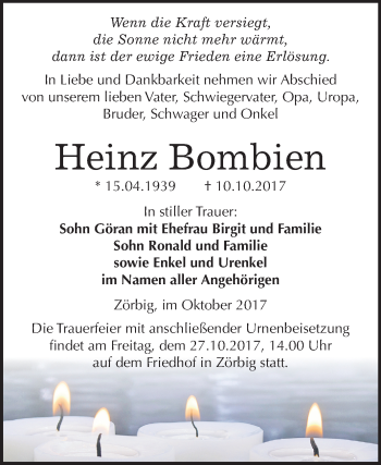 Traueranzeige von Heinz Bombien von Mitteldeutsche Zeitung Bitterfeld