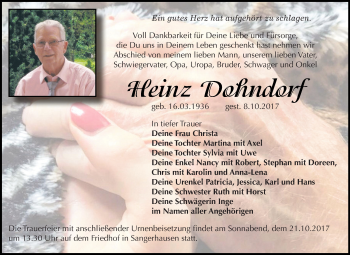Traueranzeige von Heinz Dohndorf von Super Sonntag SGH Mansf. Land