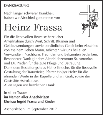 Traueranzeige von Heinz Frassa von Super Sonntag Aschersleben