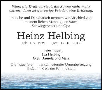 Traueranzeige von Heinz Helbing von Mitteldeutsche Zeitung
