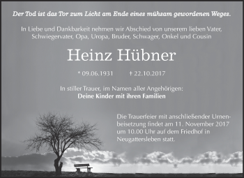 Traueranzeige von Heinz Hübner von Super Sonntag Bernburg