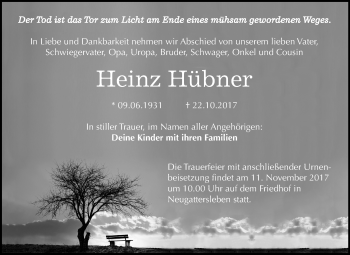 Traueranzeige von Heinz Hübner von Mitteldeutsche Zeitung Bernburg