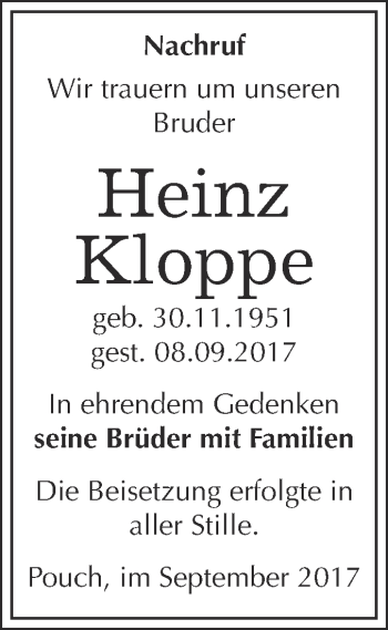 Traueranzeige von Heinz Kloppe von WVG - Wochenspiegel Bitterfeld