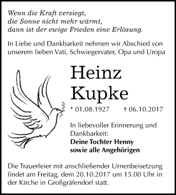 Traueranzeige von Heinz Kupke von WVG - Wochenspiegel Merseburg