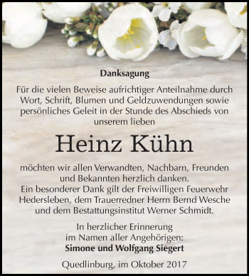 Traueranzeige von Heinz Kühn von WVG - Wochenspiegel Quedlinburg
