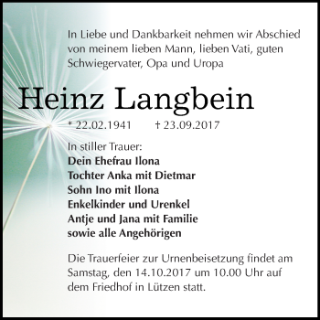 Traueranzeige von Heinz Langbein von Super Sonntag Merseburg