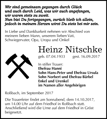 Traueranzeige von Heinz Nitschke von Mitteldeutsche Zeitung