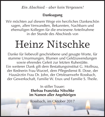 Traueranzeige von Heinz Nitschke von WVG - Wochenspiegel Merseburg