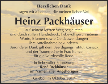Traueranzeige von Heinz Packhäuser von Super Sonntag Wittenberg