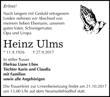 Traueranzeige von Heinz Ulms von WVG - Wochenspiegel Merseburg