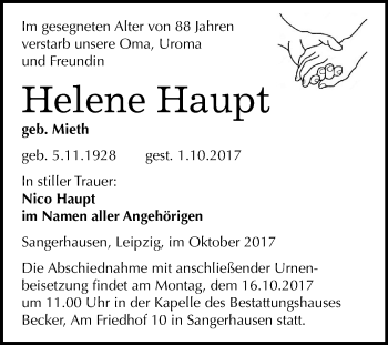 Traueranzeige von Helen Haupt von Mitteldeutsche Zeitung