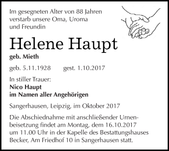 Traueranzeige von Helene Haupt von Super Sonntag SGH Mansf. Land