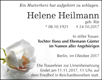 Traueranzeige von Helene Heilmann von Mitteldeutsche Zeitung Weißenfels