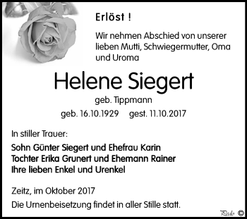 Traueranzeige von Helene Siegert von Mitteldeutsche Zeitung Zeitz