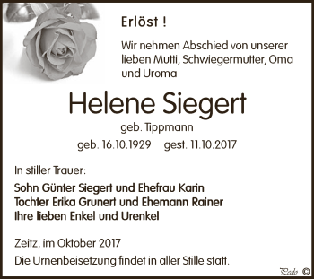 Traueranzeige von Helene Siegert von Super Sonntag Zeitz