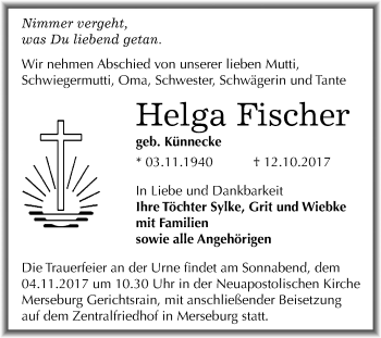 Traueranzeige von Helga Fischer von Mitteldeutsche Zeitung Merseburg/Querfurt