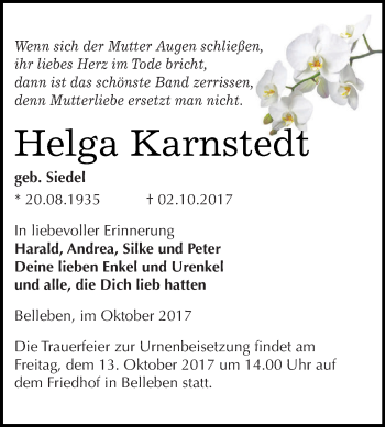 Traueranzeige von Helga Karnstedt von Super Sonntag Bernburg