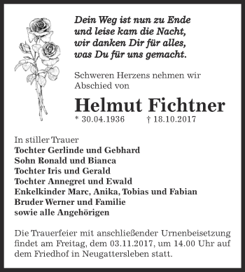 Traueranzeige von Helmut Fichtner von Super Sonntag Bernburg