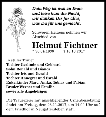 Traueranzeige von Helmut Fichtner von Mitteldeutsche Zeitung Bernburg