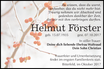 Traueranzeige von Helmut Förster von WVG - Wochenspiegel Bitterfeld