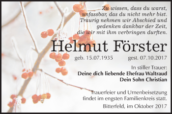 Traueranzeige von Helmut Förster von Mitteldeutsche Zeitung Bitterfeld