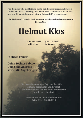 Traueranzeige von Helmut Klos von WVG - Wochenspiegel Bitterfeld