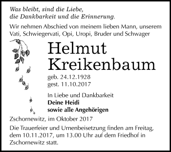Traueranzeige von Helmut Kreikenbaum von WVG - Wochenspiegel Wittenberg