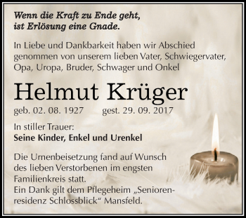 Traueranzeige von Helmut Krüger von Super Sonntag SGH Mansf. Land