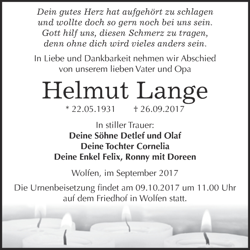  Traueranzeige für Helmut Lange vom 04.10.2017 aus WVG - Wochenspiegel Bitterfeld