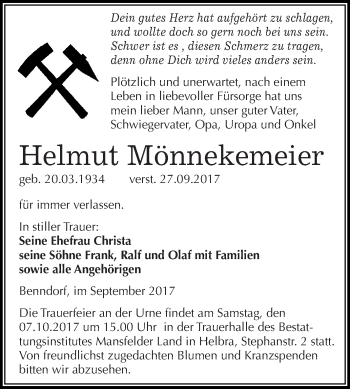 Traueranzeige von Helmut Mönnekemeier von Wochenspiegel Mansfelder Land