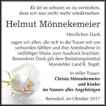 Traueranzeige von Helmut Mönnekemeier von Wochenspiegel Mansfelder Land
