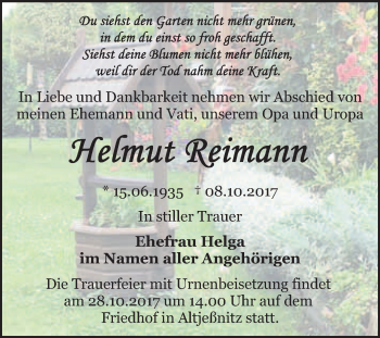 Traueranzeige von Helmut Reimann von WVG - Wochenspiegel Bitterfeld