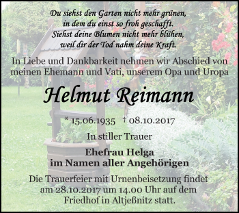 Traueranzeige von Helmut Reimann von Mitteldeutsche Zeitung Bitterfeld