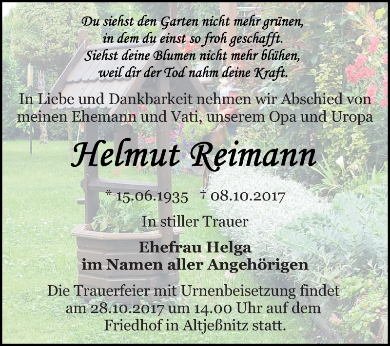  Traueranzeige für Helmut Reimann vom 14.10.2017 aus Mitteldeutsche Zeitung Bitterfeld