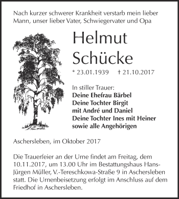 Traueranzeige von Helmut Schücke von Super Sonntag Aschersleben