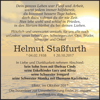 Traueranzeige von Helmut Staßfurth von Mitteldeutsche Zeitung