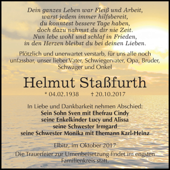 Traueranzeige von Helmut Staßfurth von Super Sonntag SGH Mansf. Land