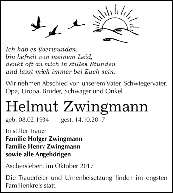 Traueranzeige von Helmut Zwingmann von Mitteldeutsche Zeitung Aschersleben