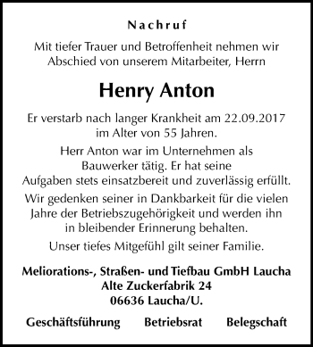 Traueranzeige von Henry Anton von Mitteldeutsche Zeitung