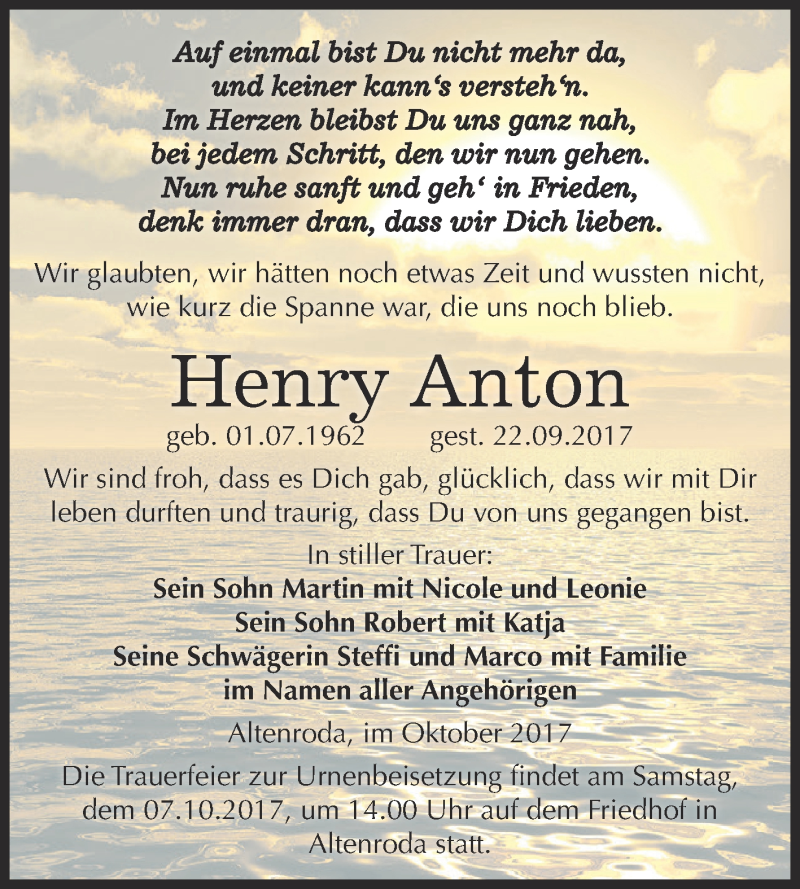  Traueranzeige für Henry Anton vom 04.10.2017 aus WVG - Wochenspiegel NMB / WSF / ZTZ
