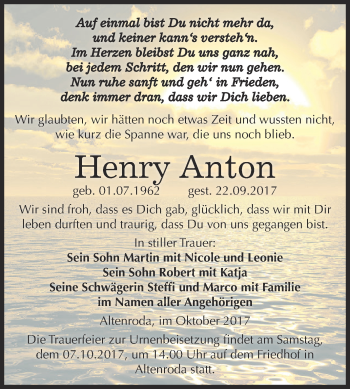 Traueranzeige von Henry Anton von WVG - Wochenspiegel NMB / WSF / ZTZ
