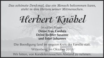 Traueranzeige von Herbert Knöbel von WVG - Wochenspiegel Wittenberg