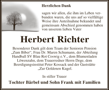 Traueranzeige von Herbert Richter von WVG - Wochenspiegel Dessau / Köthen