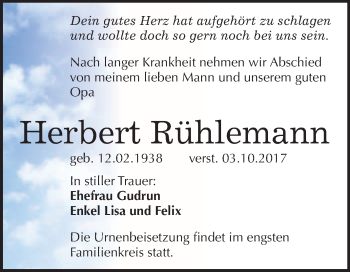 Traueranzeige von Herbert Rühlemann von WVG - Wochenspiegel Merseburg