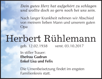 Traueranzeige von Herbert Rühlemann von Mitteldeutsche Zeitung Merseburg/Querfurt