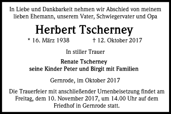 Traueranzeige von Herbert Tscherney von Mitteldeutsche Zeitung Quedlinburg