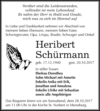 Traueranzeige von Heribert Schürmann von WVG - Wochenspiegel Merseburg