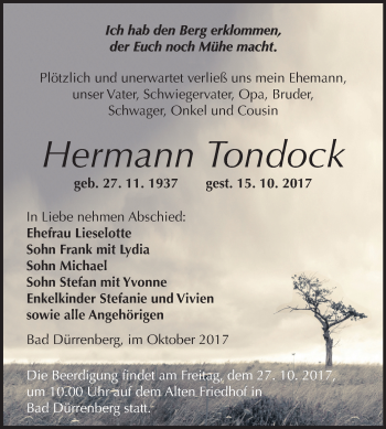 Traueranzeige von Hermann Tondock von Mitteldeutsche Zeitung Merseburg/Querfurt