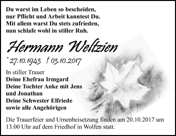 Traueranzeige von Hermann Weltzien von Mitteldeutsche Zeitung Bitterfeld